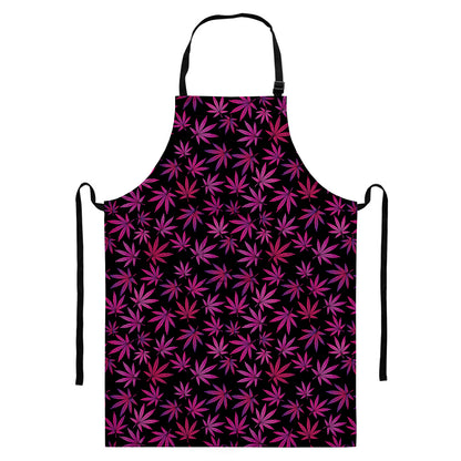 Purple Marijuana Leaf Pattern Print Bib Apron With Pocket