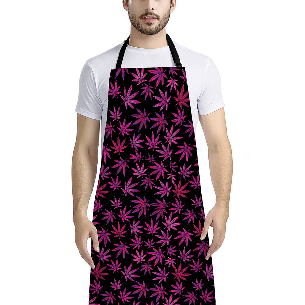 Purple Marijuana Leaf Pattern Print Bib Apron With Pocket