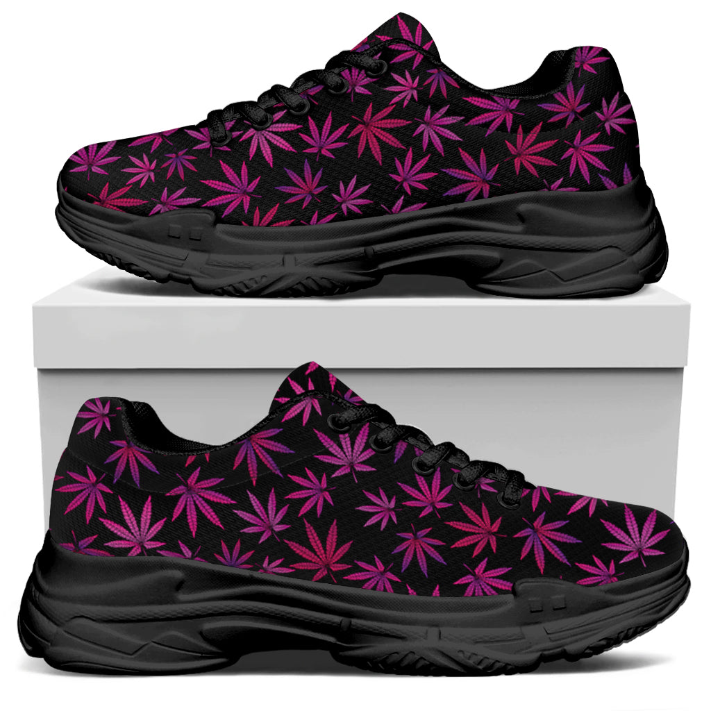 Purple Marijuana Leaf Pattern Print Black Chunky Shoes