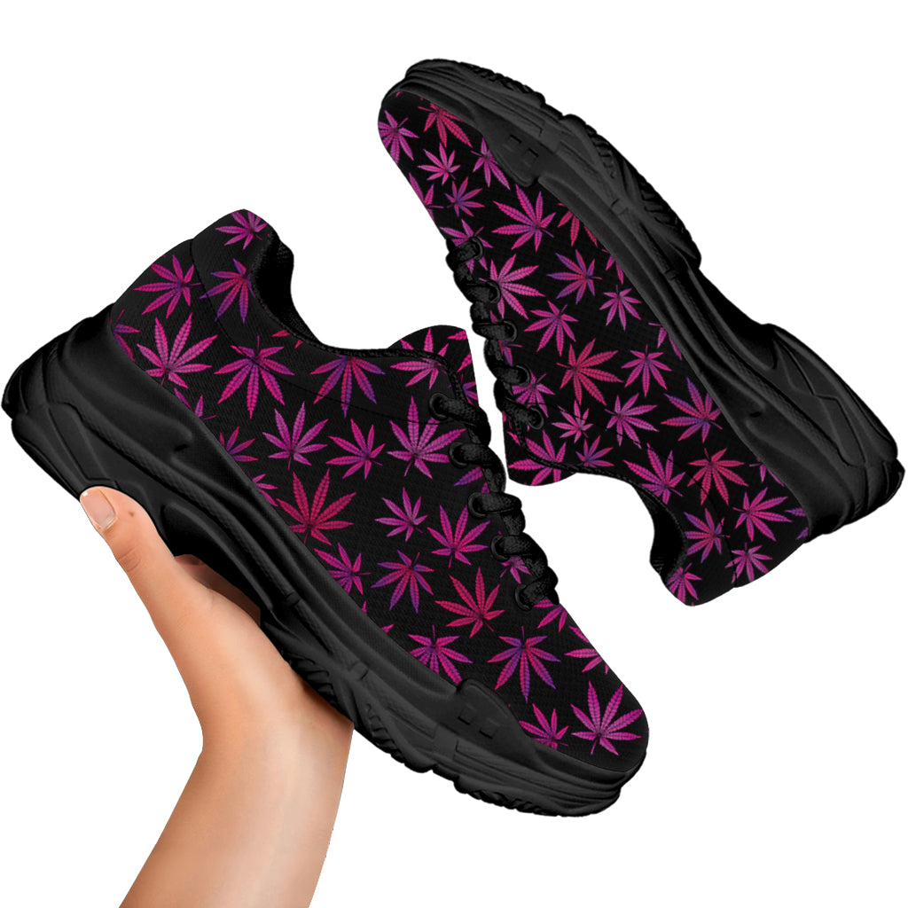 Purple Marijuana Leaf Pattern Print Black Chunky Shoes