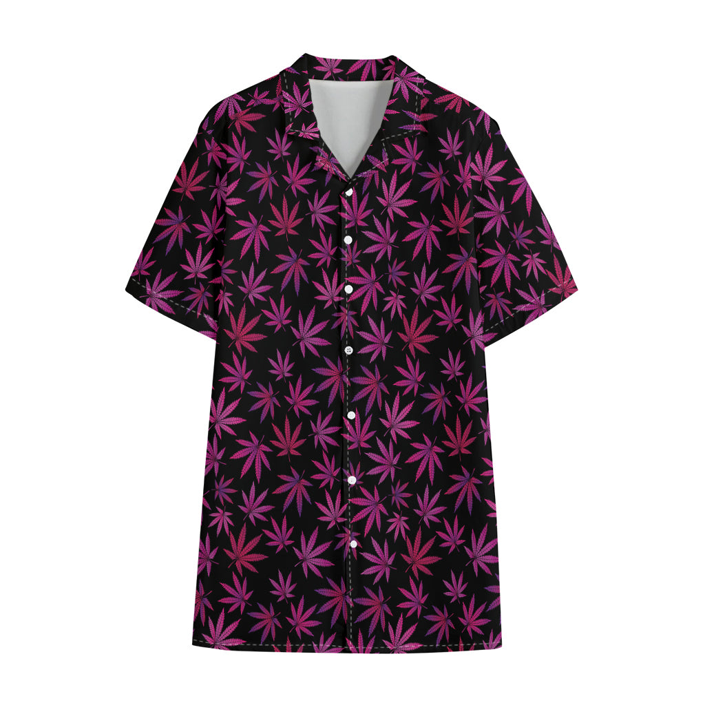 Purple Marijuana Leaf Pattern Print Cotton Hawaiian Shirt