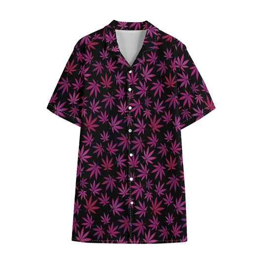 Purple Marijuana Leaf Pattern Print Cotton Hawaiian Shirt