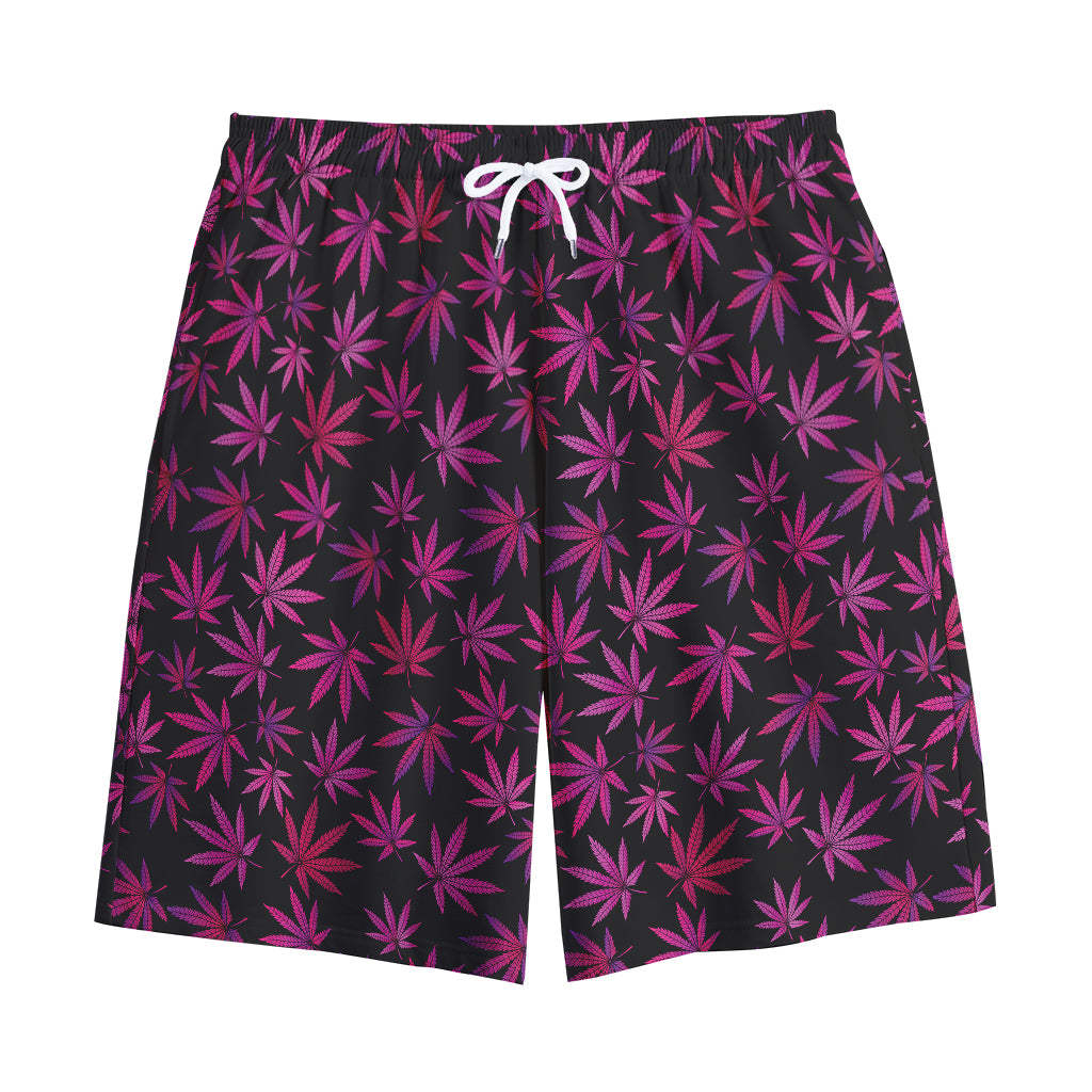 Purple Marijuana Leaf Pattern Print Cotton Shorts