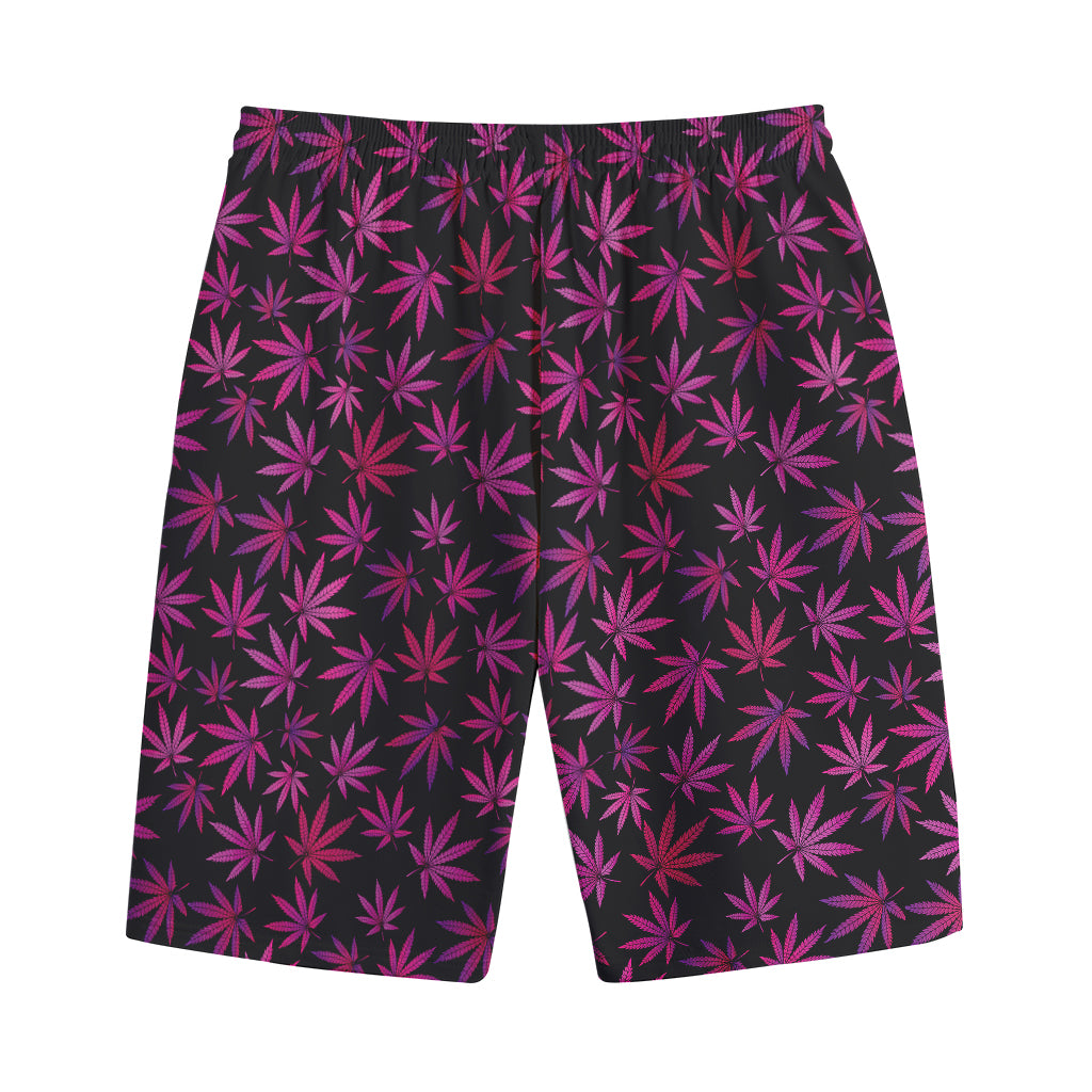 Purple Marijuana Leaf Pattern Print Cotton Shorts