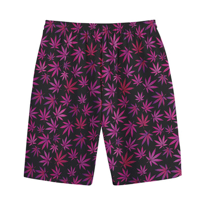 Purple Marijuana Leaf Pattern Print Cotton Shorts