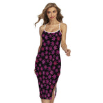 Purple Marijuana Leaf Pattern Print Cross Back Cami Dress
