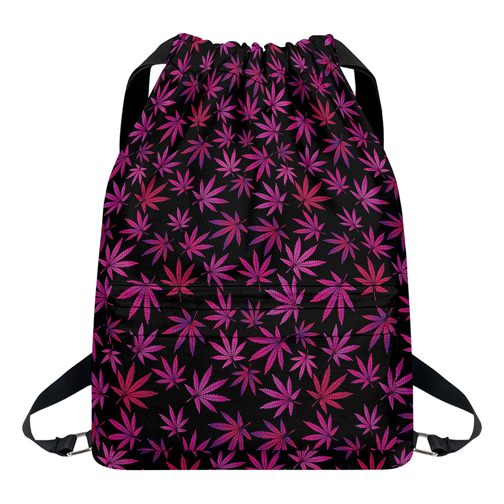 Purple Marijuana Leaf Pattern Print Drawstring Backpack