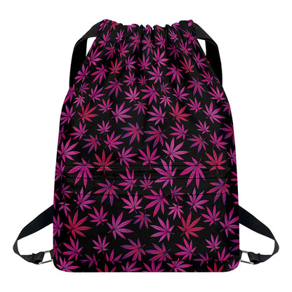 Purple Marijuana Leaf Pattern Print Drawstring Backpack