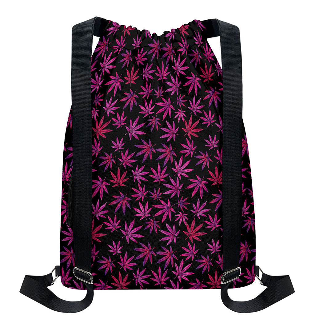 Purple Marijuana Leaf Pattern Print Drawstring Backpack
