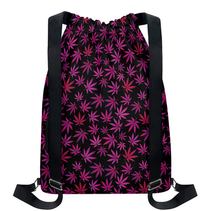 Purple Marijuana Leaf Pattern Print Drawstring Backpack
