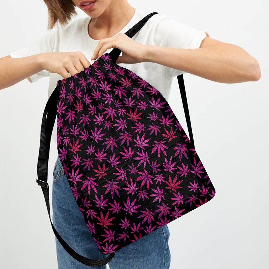 Purple Marijuana Leaf Pattern Print Drawstring Backpack