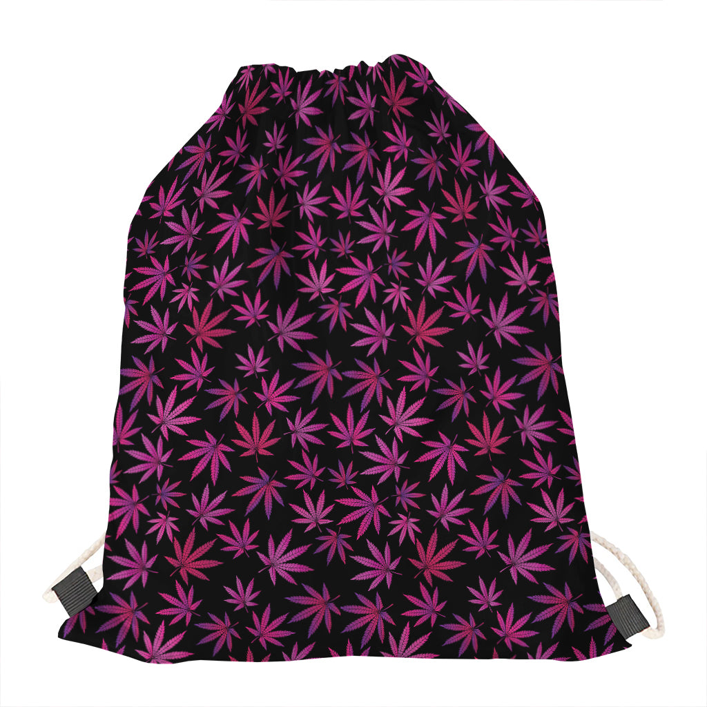 Purple Marijuana Leaf Pattern Print Drawstring Bag