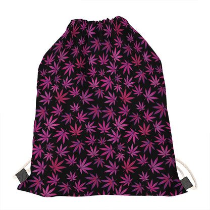 Purple Marijuana Leaf Pattern Print Drawstring Bag