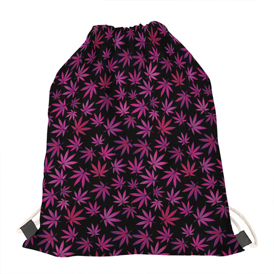 Purple Marijuana Leaf Pattern Print Drawstring Bag