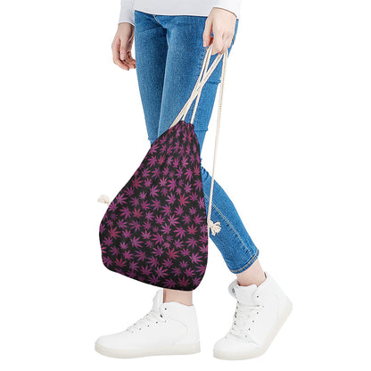 Purple Marijuana Leaf Pattern Print Drawstring Bag