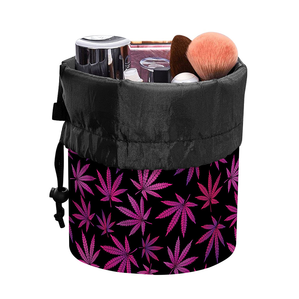 Purple Marijuana Leaf Pattern Print Drawstring Makeup Bag
