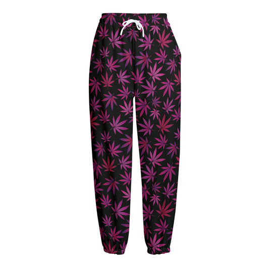Purple Marijuana Leaf Pattern Print Fleece Lined Knit Pants