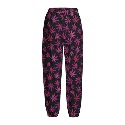 Purple Marijuana Leaf Pattern Print Fleece Lined Knit Pants