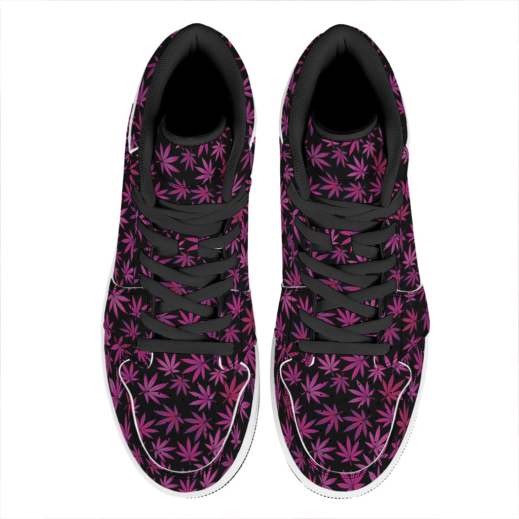Purple Marijuana Leaf Pattern Print High Top Leather Sneakers
