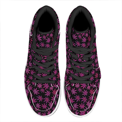 Purple Marijuana Leaf Pattern Print High Top Leather Sneakers