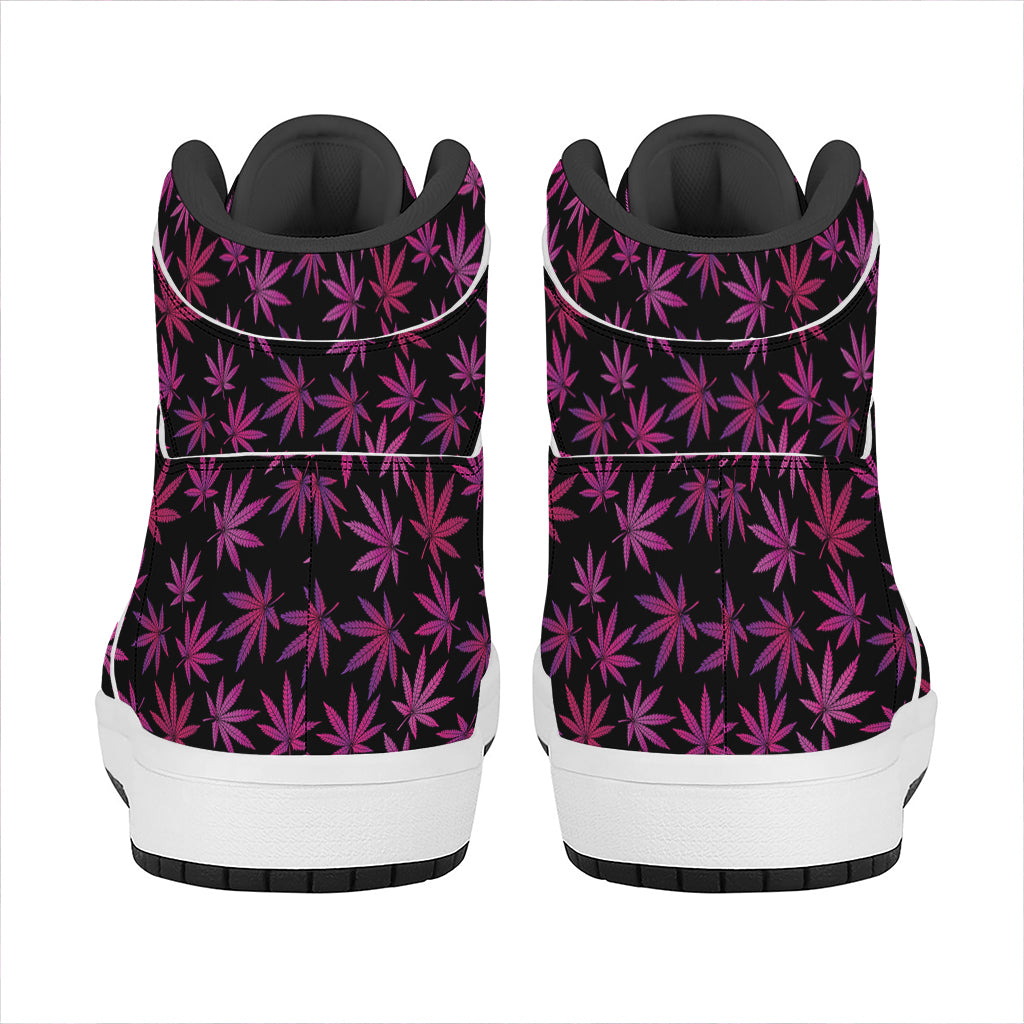 Purple Marijuana Leaf Pattern Print High Top Leather Sneakers