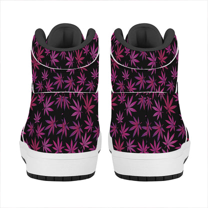 Purple Marijuana Leaf Pattern Print High Top Leather Sneakers