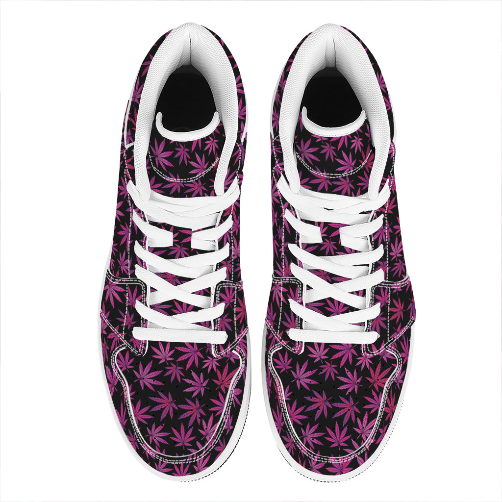 Purple Marijuana Leaf Pattern Print High Top Leather Sneakers