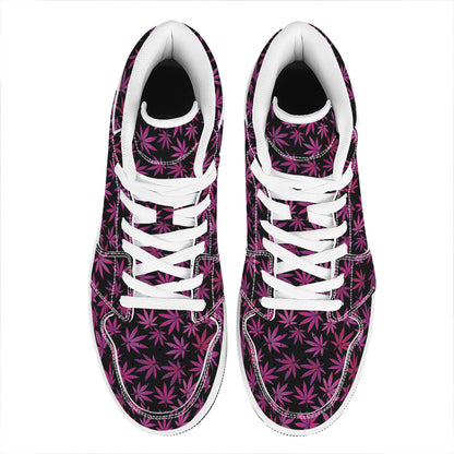 Purple Marijuana Leaf Pattern Print High Top Leather Sneakers