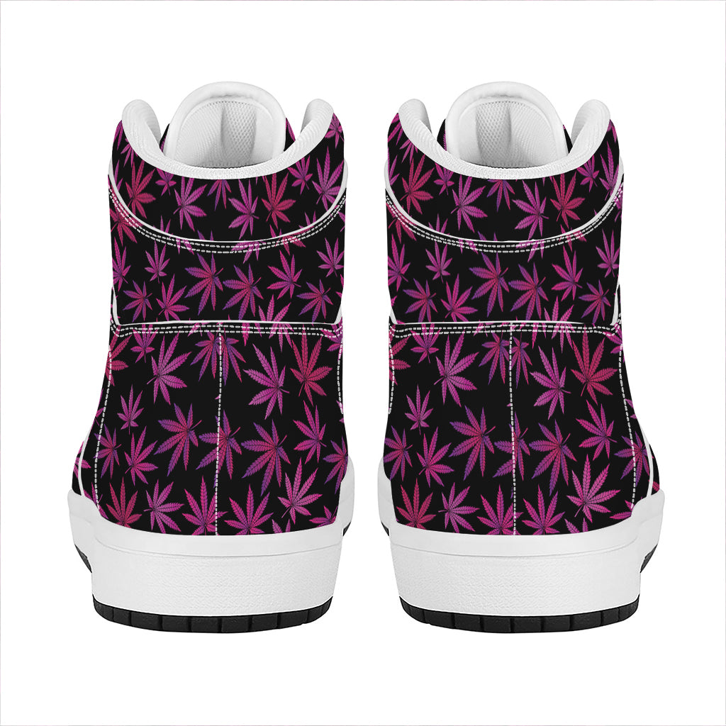 Purple Marijuana Leaf Pattern Print High Top Leather Sneakers