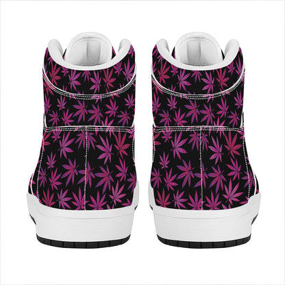 Purple Marijuana Leaf Pattern Print High Top Leather Sneakers