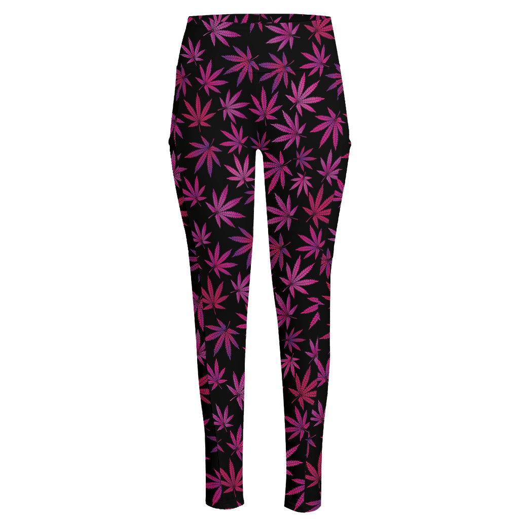 Purple Marijuana Leaf Pattern Print High-Waisted Pocket Leggings