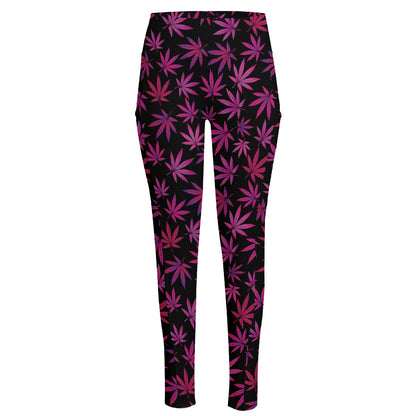 Purple Marijuana Leaf Pattern Print High-Waisted Pocket Leggings