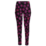 Purple Marijuana Leaf Pattern Print High-Waisted Pocket Leggings