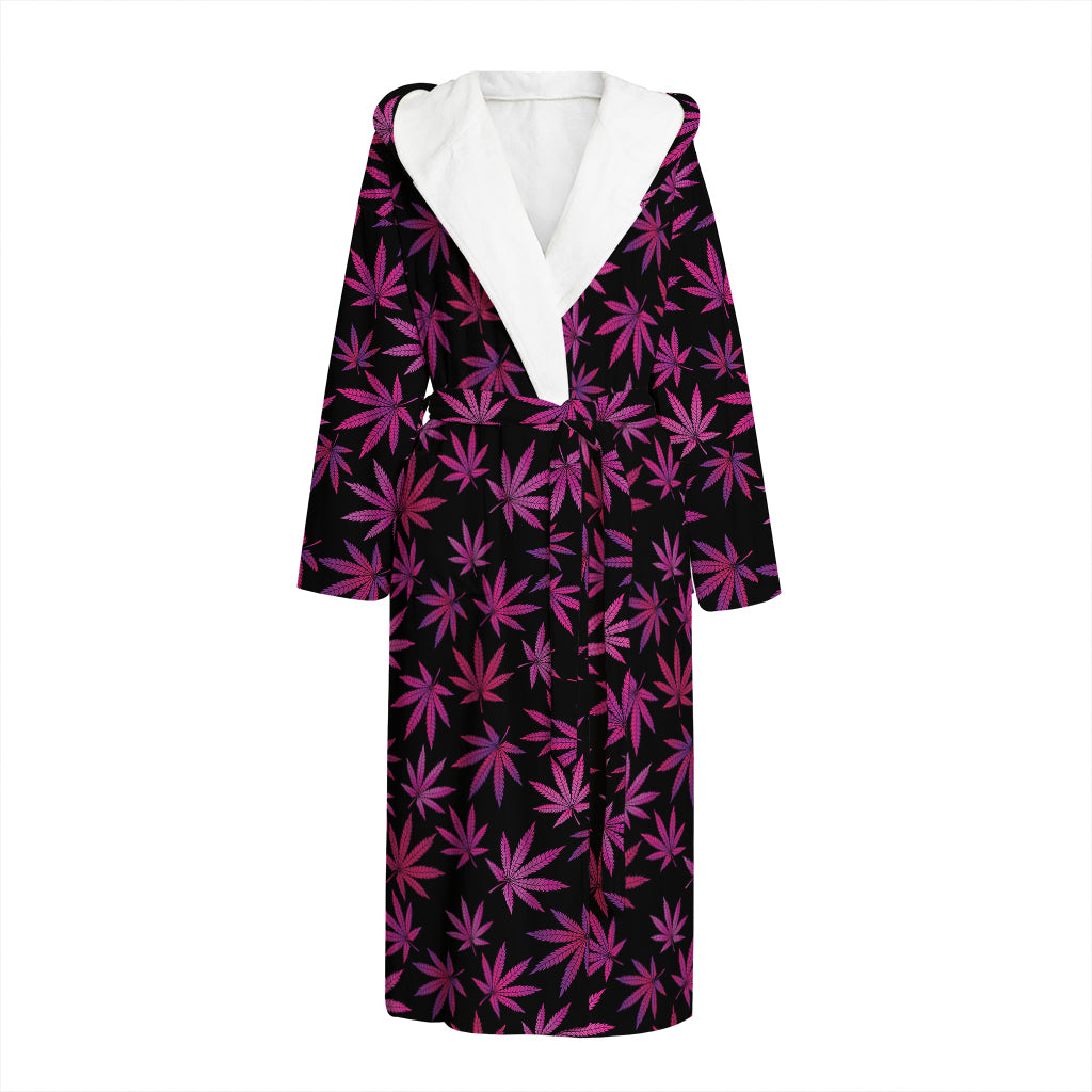 Purple Marijuana Leaf Pattern Print Hooded Bathrobe