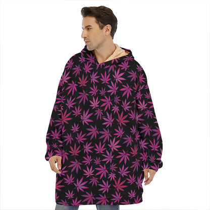 Purple Marijuana Leaf Pattern Print Hoodie Blanket