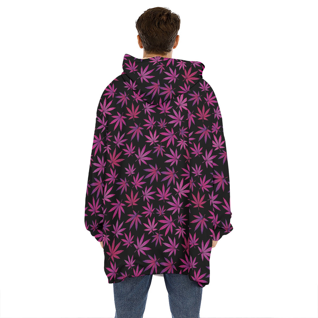 Purple Marijuana Leaf Pattern Print Hoodie Blanket