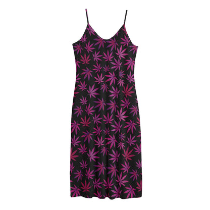 Purple Marijuana Leaf Pattern Print Jersey Midi Cami Dress