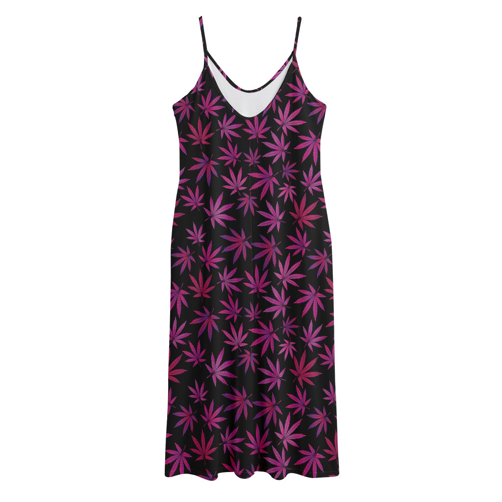 Purple Marijuana Leaf Pattern Print Jersey Midi Cami Dress