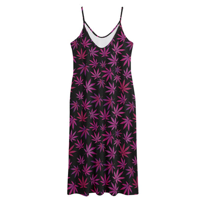 Purple Marijuana Leaf Pattern Print Jersey Midi Cami Dress