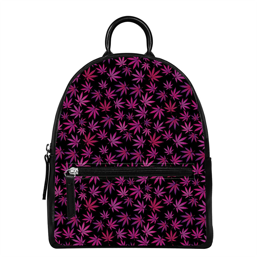 Purple Marijuana Leaf Pattern Print Leather Backpack