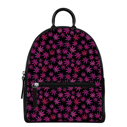 Purple Marijuana Leaf Pattern Print Leather Backpack