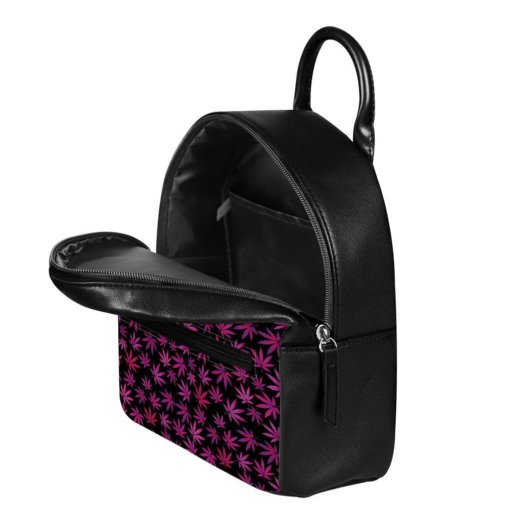 Purple Marijuana Leaf Pattern Print Leather Backpack