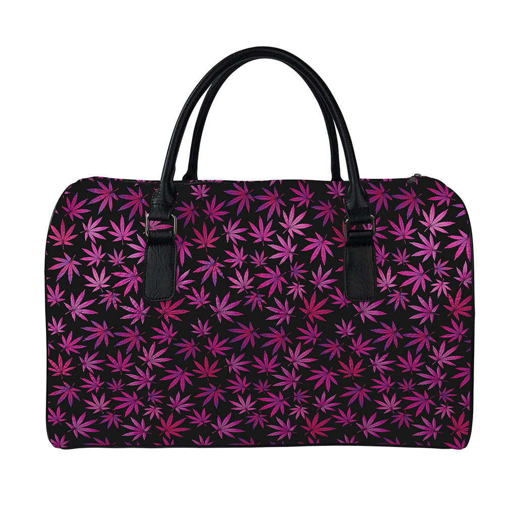 Purple Marijuana Leaf Pattern Print Leather Duffle Bag