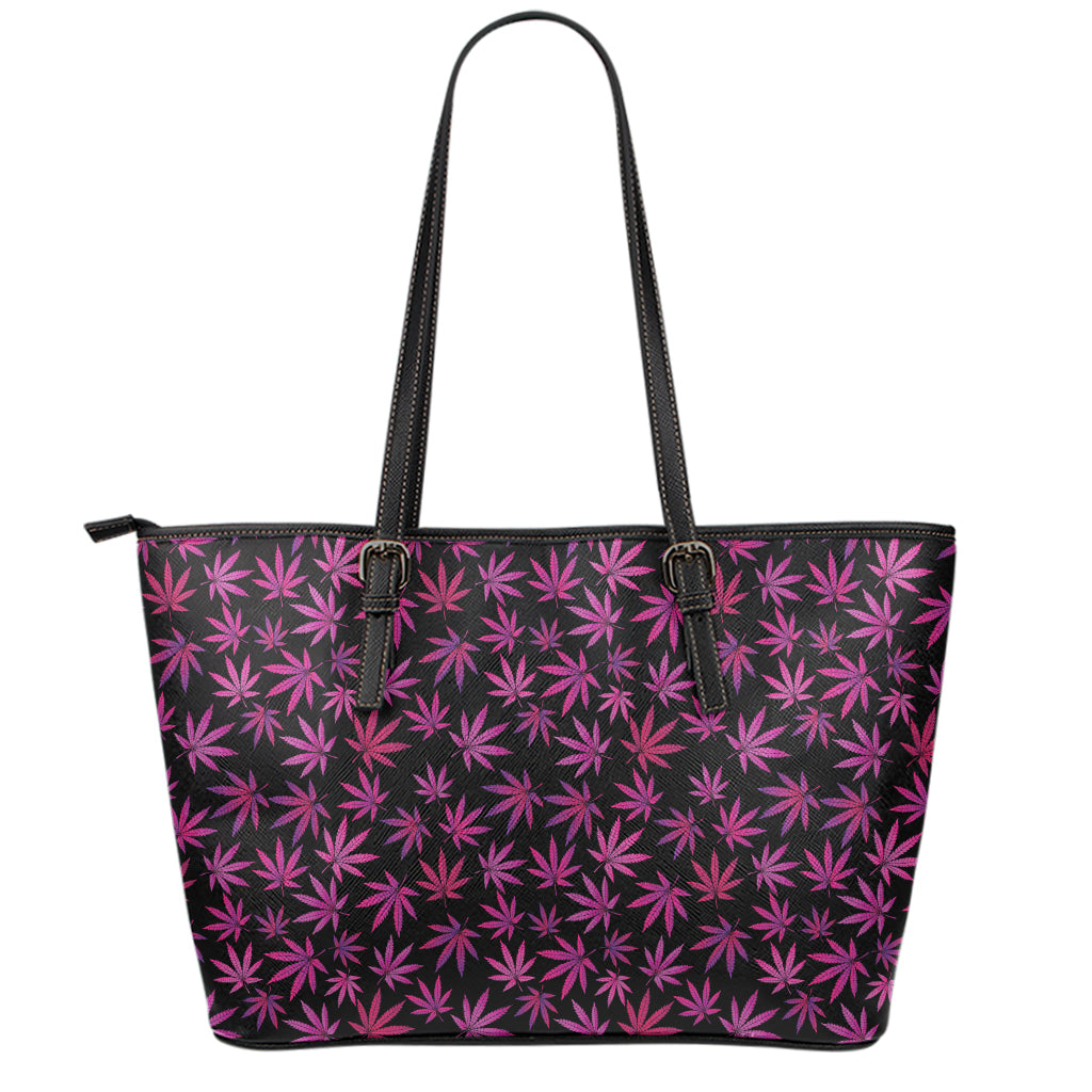 Purple Marijuana Leaf Pattern Print Leather Tote Bag