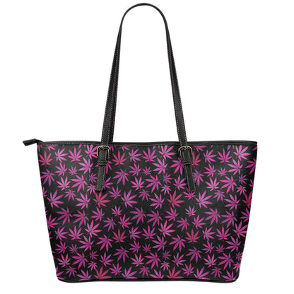 Purple Marijuana Leaf Pattern Print Leather Tote Bag