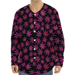 Purple Marijuana Leaf Pattern Print Long Sleeve Baseball Jersey