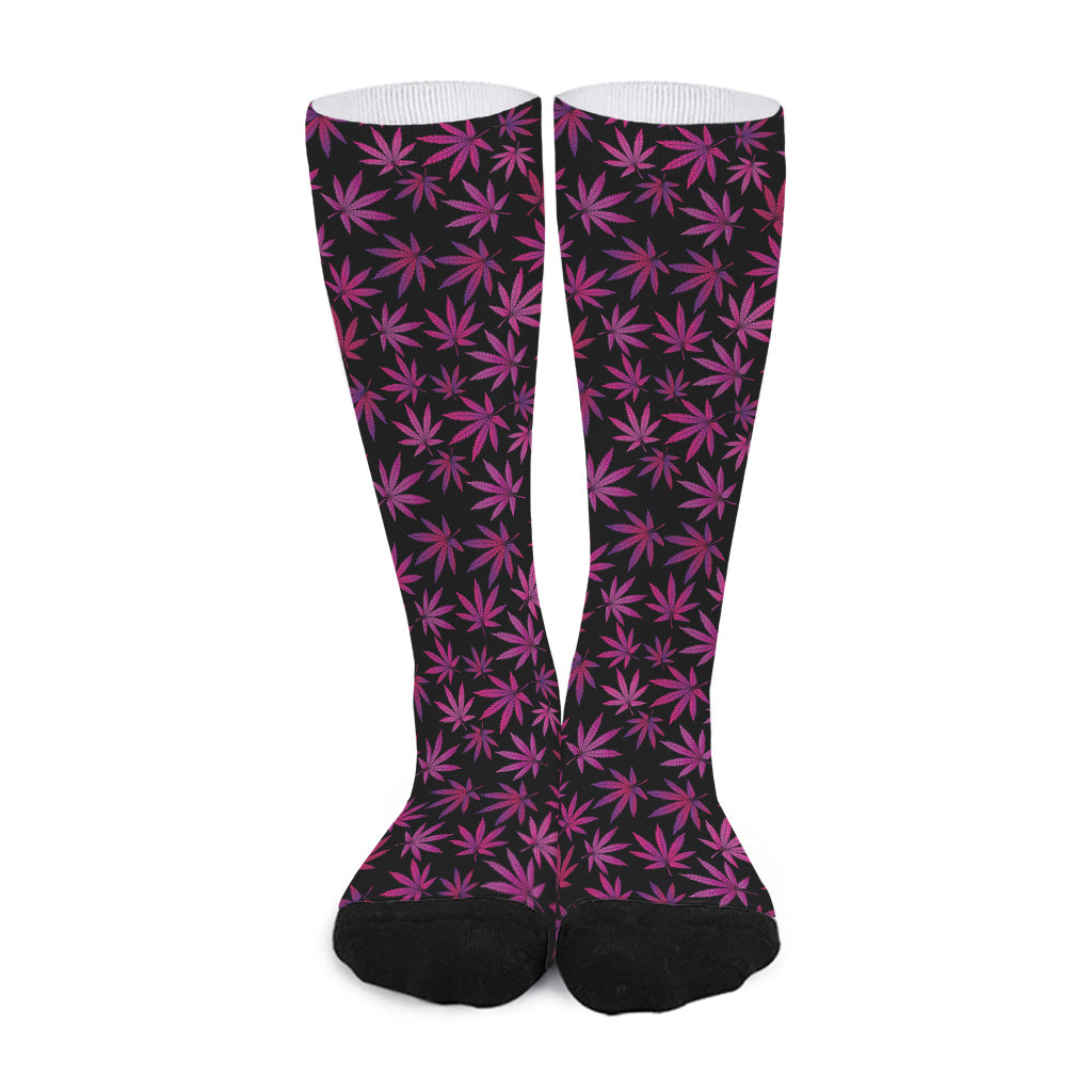 Purple Marijuana Leaf Pattern Print Long Socks