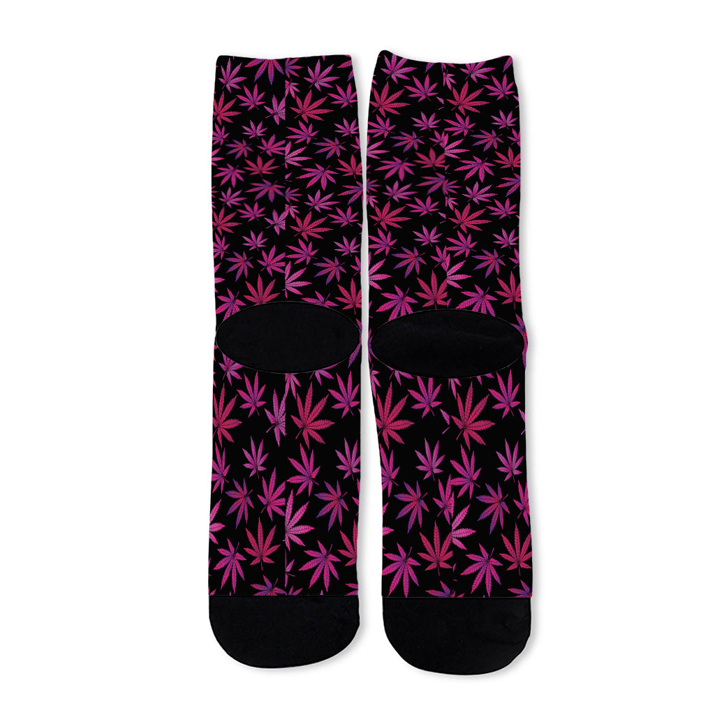 Purple Marijuana Leaf Pattern Print Long Socks