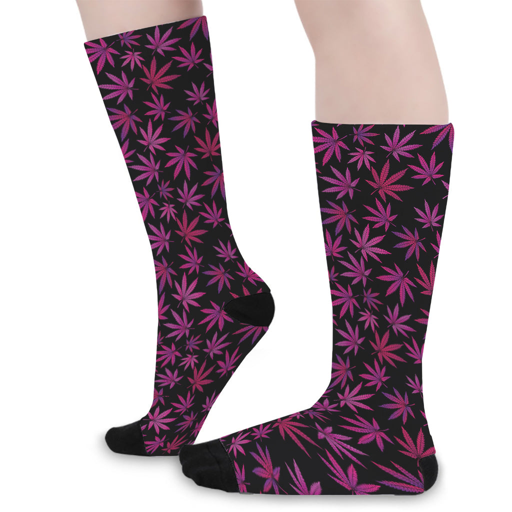 Purple Marijuana Leaf Pattern Print Long Socks