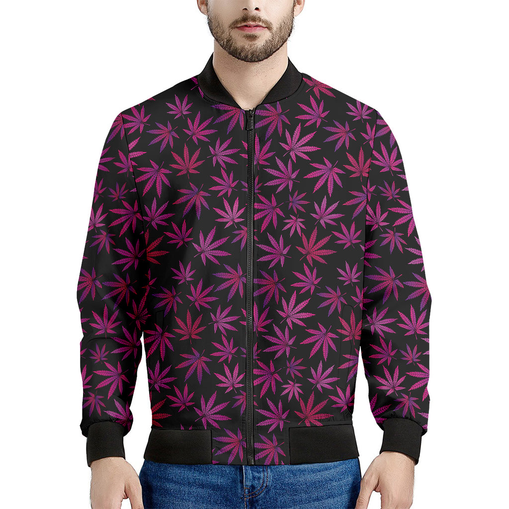 Purple Marijuana Leaf Pattern Print Men's Bomber Jacket